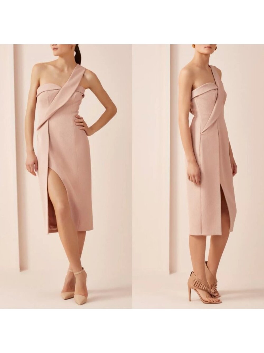 Keepsake Size M Pink Platinum Asymmetrical One Shoulder Midi Dress NWOT